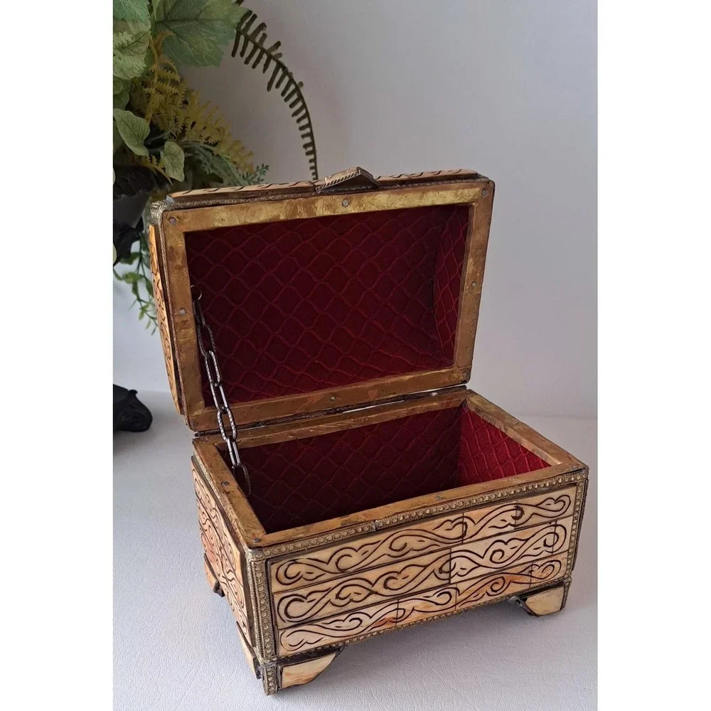 Antique Moroccan Camel Bone with Brass & Copper Inlay Dowry Chest